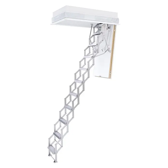 Roto Bodentreppe Scherentreppe Ecco bis 275cm Raumhöhe 120x60cm Rohbaumaß -  - Silberne Aluminium-Bodentreppe, aus einer Deckenöffnung ausklappend.
