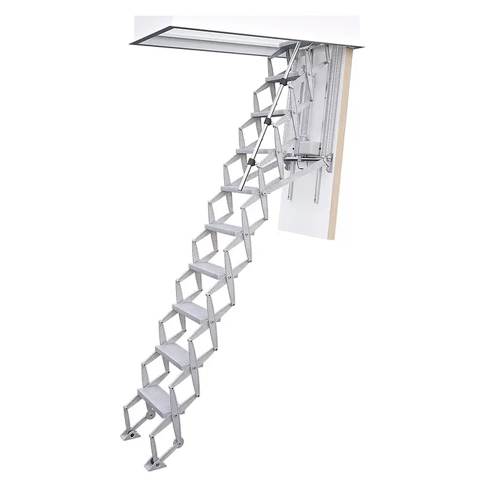Roto Bodentreppe Scherentreppe Elektro bis 279cm Raumhöhe 130x70cm Rohbaumaß -  - Ausgefahrene hellgraue Metall-Scherentreppe mit breiten Stufen und Teleskopgeländer für den Dachbodenzugang.