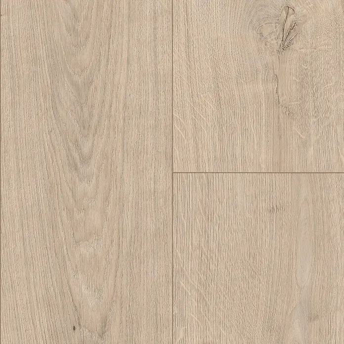 Egger Laminat NatureSense Promo - Berdal Eiche hell, Landhausdiele, 1.292 x 193 x 8 mm - Hellbraune Holzoptik-Bodenplatten mit sichtbarer Maserung und Ästen.