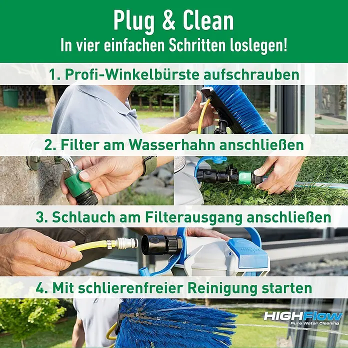 Unger HighFlow Reinigungs-Set Reinwasser 6m - 4 -tlg. - Vier Schritte zum Aufbau eines 'Plug & Clean' Reinwassersystems: blauer Bürste anschließen, Filter am Wasserhahn, Schlauch und streifenfreie Reinigung starten.