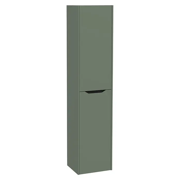 VitrA Integra Square Hochschrank - B x T x H: 40 x 37 x 180 cm, Moosgrün, Inklusive 4 Glaseinlegeböden, DIN Anschlag: Rechts - Hoher, graugrüner Aufbewahrungsschrank mit zwei Türen, die untere mit einem integrierten schwarzen Griff.