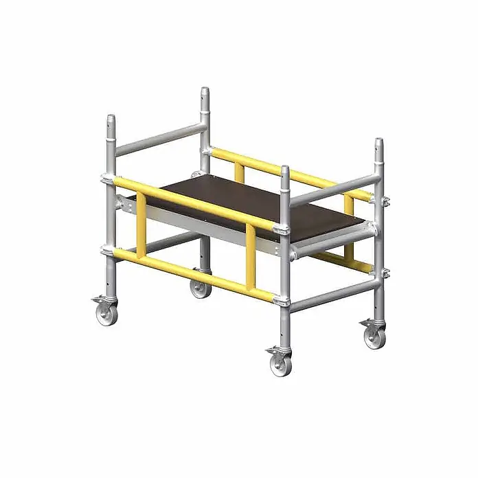 Munk Stehleiter Montageplattform fahrbar bis 2,97 AH - Arbeitshöhe: 2.970 m, Belastbarkeit: 200 kg, Aluminium - Kompaktes Rollgerüst mit silbernem Aluminiumrahmen, gelben Geländern, dunkler Plattform und Rollen.