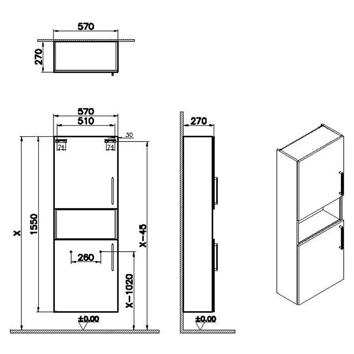 VitrA Bad-Hochschrank Root Flat (B x T x H: 57 x 27 x 155 cm, Weiß, DIN Anschlag: Links/Rechts) | BAUHAUS