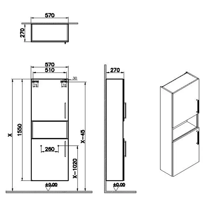 VitrA Hochschrank Root Flat - B x T x H: 57 x 27 x 155 cm, Weiß - Technische Zeichnung eines hohen, schmalen Schranks mit zwei Türen und offenem Fach, Ansichten von oben, vorne, Seite und isometrisch mit Maßen.