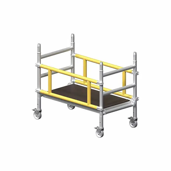 Munk Stehleiter Montageplattform fahrbar bis 2,97 AH - Arbeitshöhe: 2.970 m, Belastbarkeit: 200 kg, Aluminium - Mobile Alu-Arbeitsplattform mit silbernem Rahmen, gelben Geländern, dunkler Plattform und Rollen für sichere Höhenarbeit.