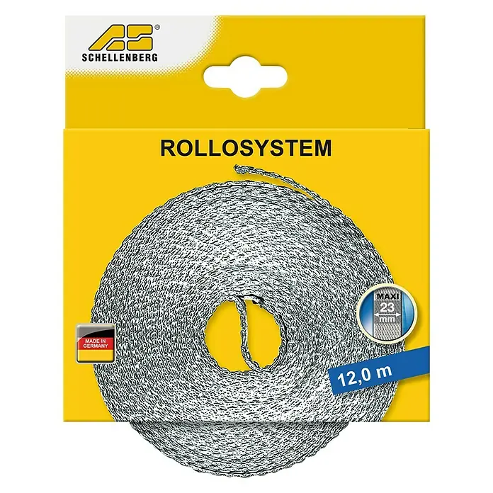Schellenberg Cinta para persiana - Largo: 12 m, Anchura de la correa: 23 mm, Beige - Imagen de una cinta para persianas enrollables Schellenberg, de 12,0 m de largo y 23 mm de ancho, en un embalaje de cartón amarillo.