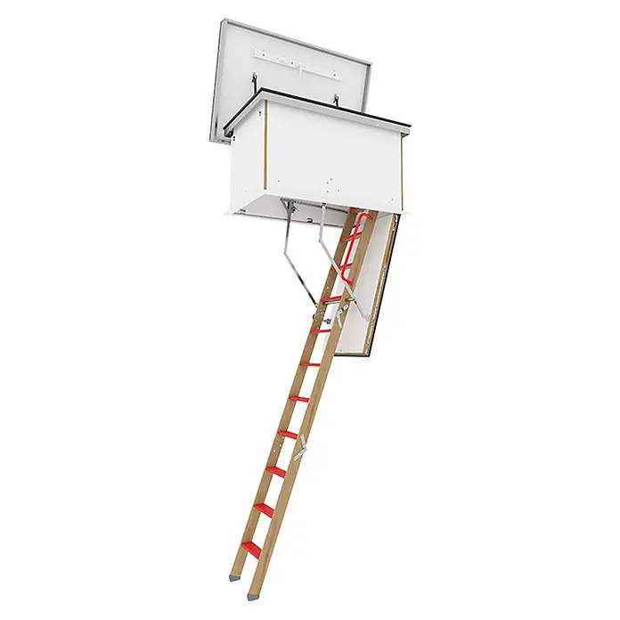 Roto Bodentreppe Flachdachausstieg Designo bis 280cm Raumhöhe 120x70cm Rohbaumaß -  - Ausziehbare Dachbodenleiter aus Holz mit roten Stufen und weißer Luke, nach unten ausgefahren.