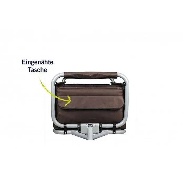Beachtrekker Bollerwagen faltbarer Bollerwagen Life mit integrierter Feststellbremse Rot und Luftrei - Kunststoff - Braune Stofftasche, in einen silbernen Rahmen eingenäht.