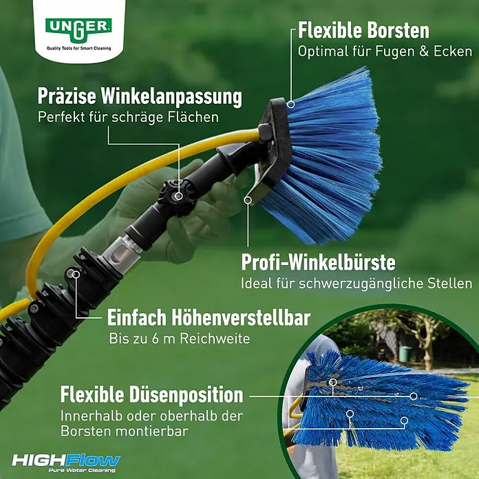 Unger HighFlow Reinigungs-Set Reinwasser 6m - 4 -tlg. - Blaue Unger Winkelreinigungsbürste mit flexiblen Borsten und verstellbarem Kopf, von einer Person gehalten. Mit flexiblen Düsenpositionen und Höhenverstellung.