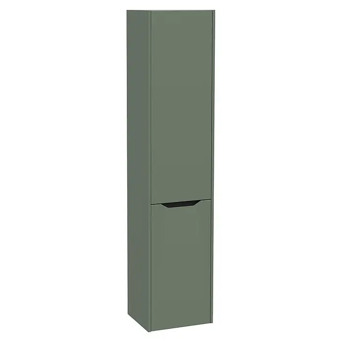 VitrA Hochschrank Integra Square - B x T x H: 40 x 37 x 180 cm, Moosgrün, Inklusive 3 Glasböden und Wäscheklappe, DIN Anschlag: Rechts - Hoher, salbeigrüner Aufbewahrungsschrank mit zwei Türen; die untere Tür hat einen integrierten schwarzen Griff.