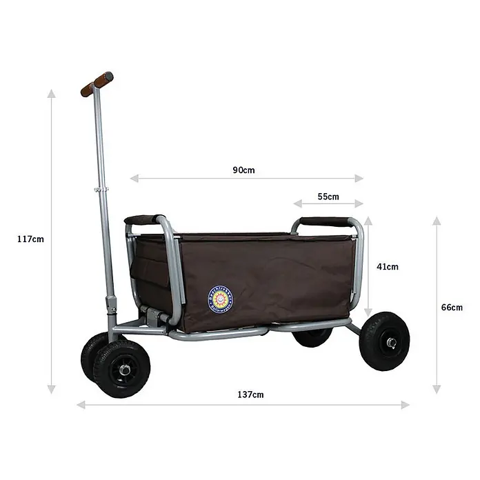 Beachtrekker Bollerwagen faltbarer Bollerwagen Life mit integrierter Feststellbremse Rot und Luftrei - Kunststoff - Brauner klappbarer Bollerwagen mit verstellbarem Griff, großen Rädern und sichtbaren Maßen.