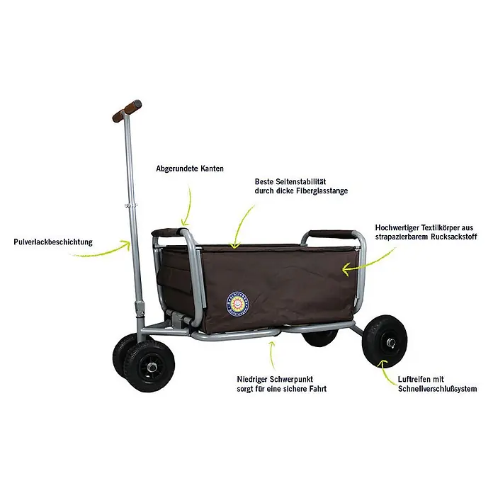 Beachtrekker Bollerwagen faltbarer Bollerwagen Life mit integrierter Feststellbremse und Sonnenverde - Kunststoff - Brauner Faltbollerwagen mit grauem, pulverbeschichtetem Rahmen, Luftreifen und verstellbarem Griff. Für sicheren Transport mit niedrigem Schwerpunkt.