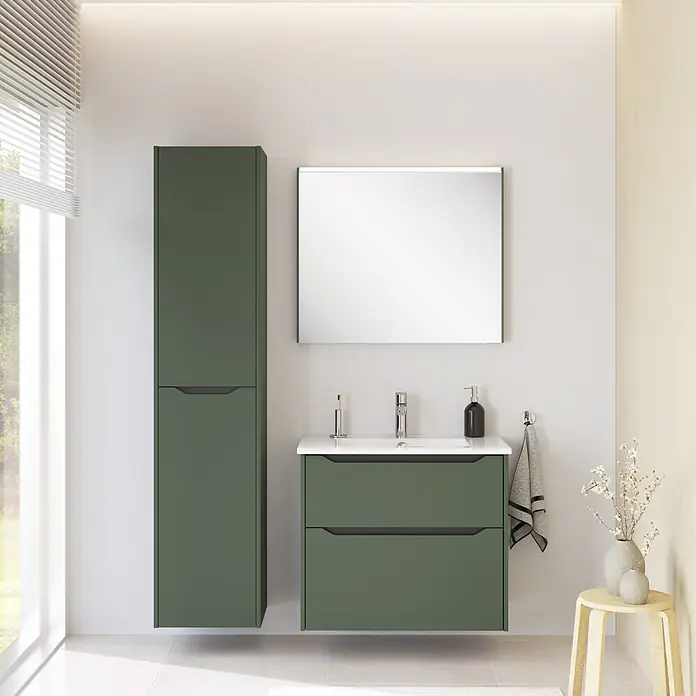 VitrA Integra Square Hochschrank - B x T x H: 40 x 37 x 180 cm, Moosgrün, Inklusive 4 Glaseinlegeböden, DIN Anschlag: Rechts - Moderne dunkelgrüne Badmöbel-Kombination mit Waschbeckenunterschrank, hohem Schrank und beleuchtetem Spiegel.