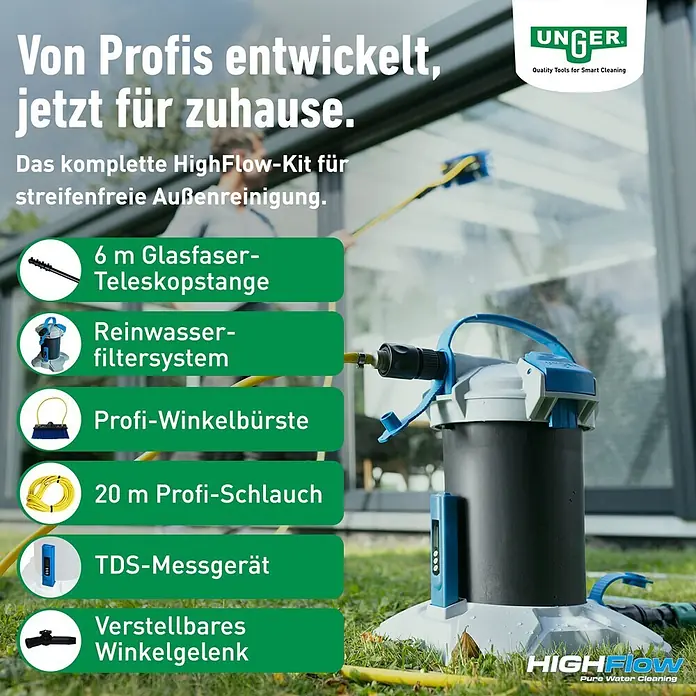 Unger HighFlow Reinigungs-Set Reinwasser 6m - 4 -tlg. - Unger HighFlow Outdoor-Reinigungsset mit Wasserfilter, Teleskopstange und Zubehör für streifenfreie Fensterreinigung.