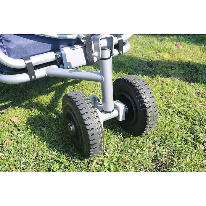 Beachtrekker Bollerwagen faltbarer Bollerwagen Life mit integrierter Feststellbremse Beige und Luftr - Kunststoff - Silbergraues Metallgestell mit zwei schwarzen, profilierten Rädern eines robusten Transportwagens.