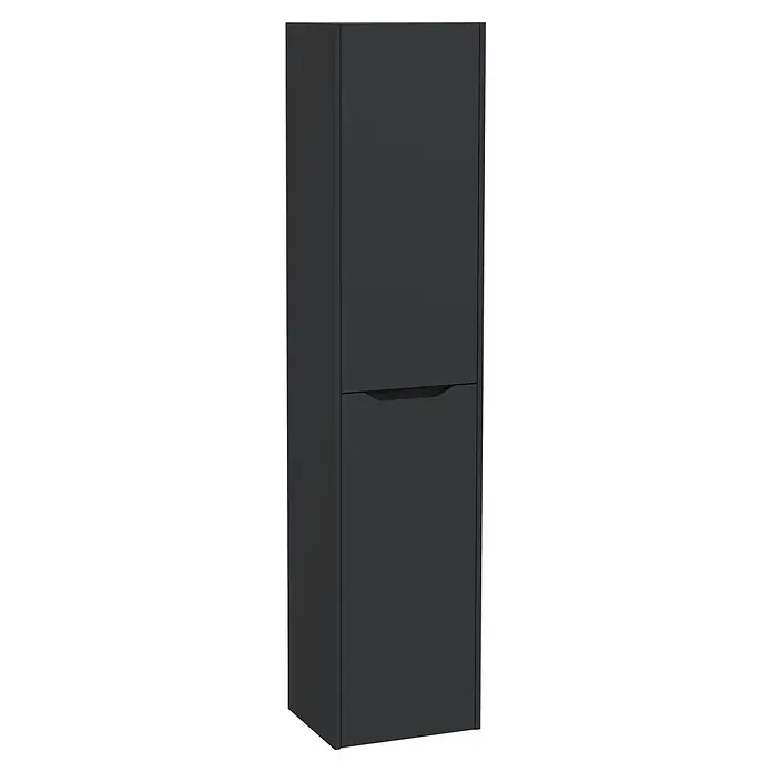 VitrA Integra Square Hochschrank - B x T x H: 40 x 37 x 180 cm, Graphit, Inklusive 4 Glaseinlegeböden, DIN Anschlag: Rechts - Hoher, dunkelgrauer Schrank mit zwei Türen; die untere Tür hat einen integrierten Griff.