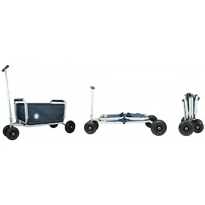 Beachtrekker Bollerwagen faltbarer Bollerwagen Life mit integrierter Feststellbremse Rot und Luftrei - Kunststoff - Dunkelblauer faltbarer Bollerwagen mit grauem Gestell und schwarzen Rädern, in geöffnetem, teil- und komplett zusammengeklapptem Zustand.