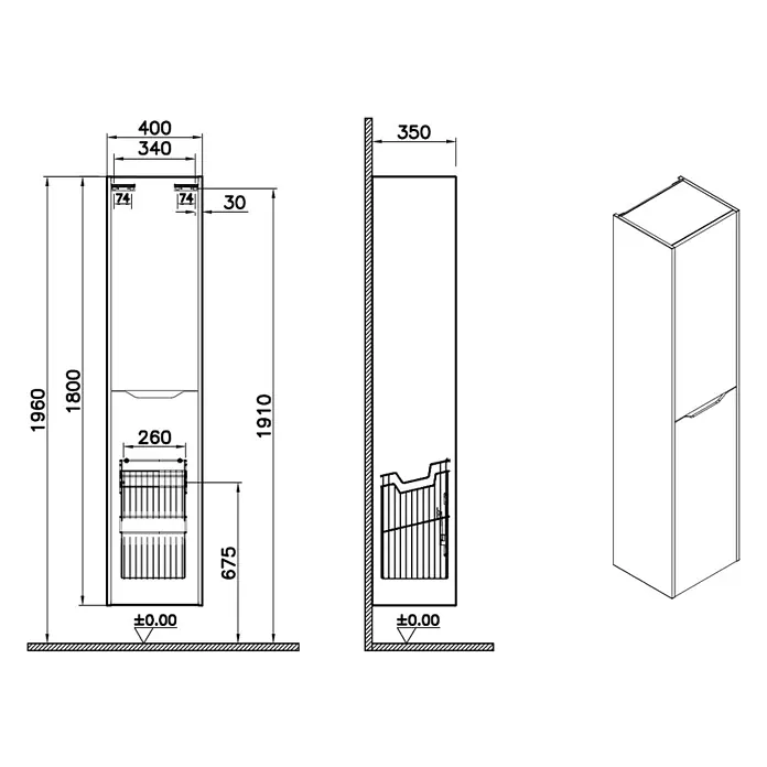 VitrA Hochschrank Integra Square - B x T x H: 40 x 37 x 180 cm, Graphit, Inklusive 3 Glasböden und Wäscheklappe, DIN Anschlag: Links - Technische Zeichnung und isometrische Ansicht eines hohen, integrierten Kühl- oder Gefrierschranks mit zwei Fächern und Maßen.
