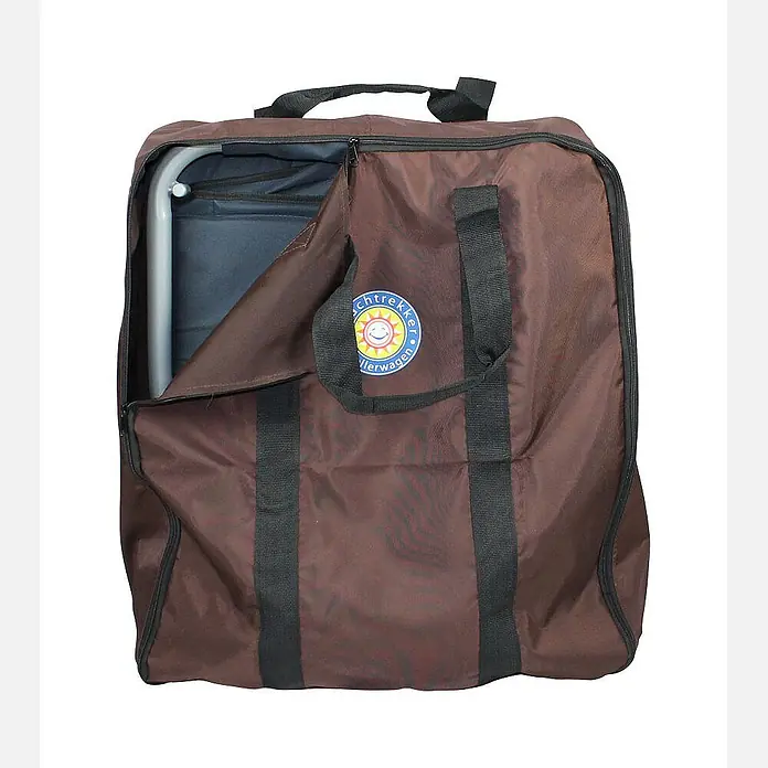 Beachtrekker Bollerwagen Tasche für faltbarer Bollerwagen Life - Kunststoff - Braune Stoff-Tragetasche mit schwarzen Gurten, teilweise geöffnetem Reißverschluss, der einen Metallrahmen zeigt.
