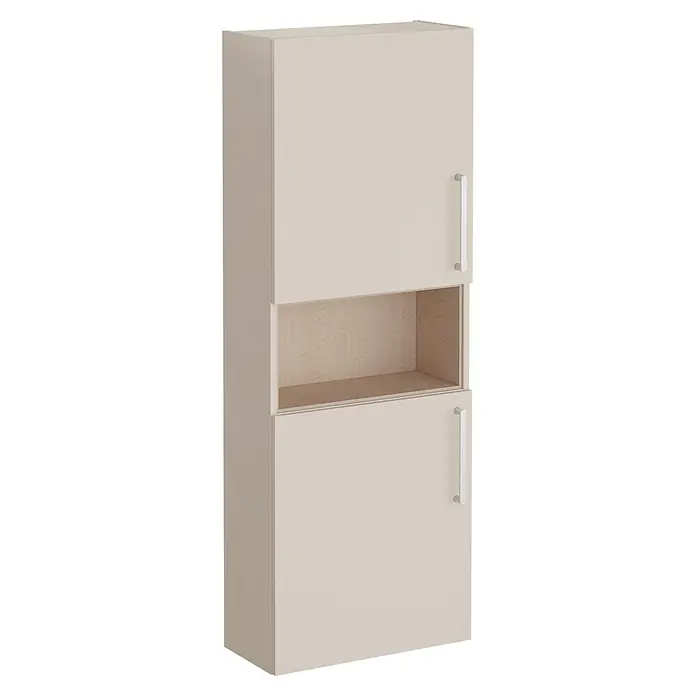 VitrA Hochschrank Root Flat - B x T x H: 57 x 27 x 155 cm, Sahara Beige - Hoher beigefarbener Schrank mit zwei Türen und einem offenen Regal in Holzoptik in der Mitte, silberne Griffe.
