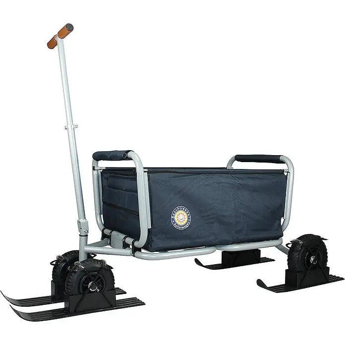 Beachtrekker Bollerwagen Schneekufen für faltbarer Bollerwagen Life - Kunststoff - Grauer All-Terrain-Wagen mit dunkelblauem Stoffbehälter, großen Rädern und Skiern für Schnee und Gelände, mit langem Zuggriff.