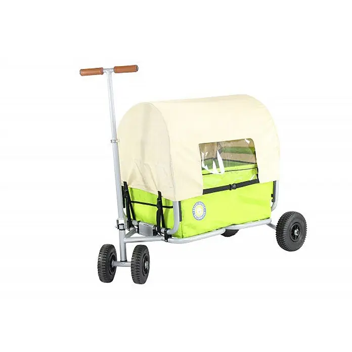 Beachtrekker Bollerwagen faltbarer Bollerwagen Life mit integrierter Feststellbremse und Sonnenverde - Kunststoff - Ein lindgrüner Faltwagen mit beigem Verdeck, transparentem Fenster, silbernem Griff und schwarzen Rädern.