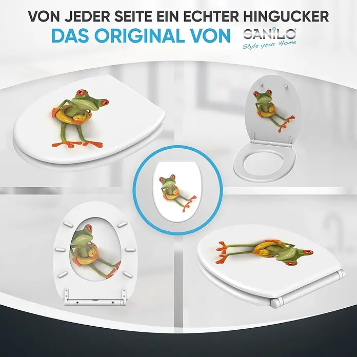 SANILO WC-Sitz Froggy mit Schnellverschluss - MDF, Grün, Mit Absenkautomatik - Weißer Toilettensitz mit spielerischem 3D-Frosch- und Enten-Design, aus verschiedenen Blickwinkeln gezeigt.