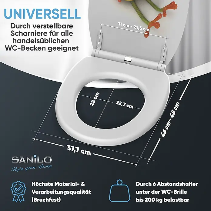 SANILO WC-Sitz Froggy mit Schnellverschluss - MDF, Grün, Mit Absenkautomatik - Weißer, bruchfester WC-Sitz mit verstellbaren Scharnieren passt auf alle Standardbecken. Max. 200kg belastbar, Maße 46-48x37,7cm.