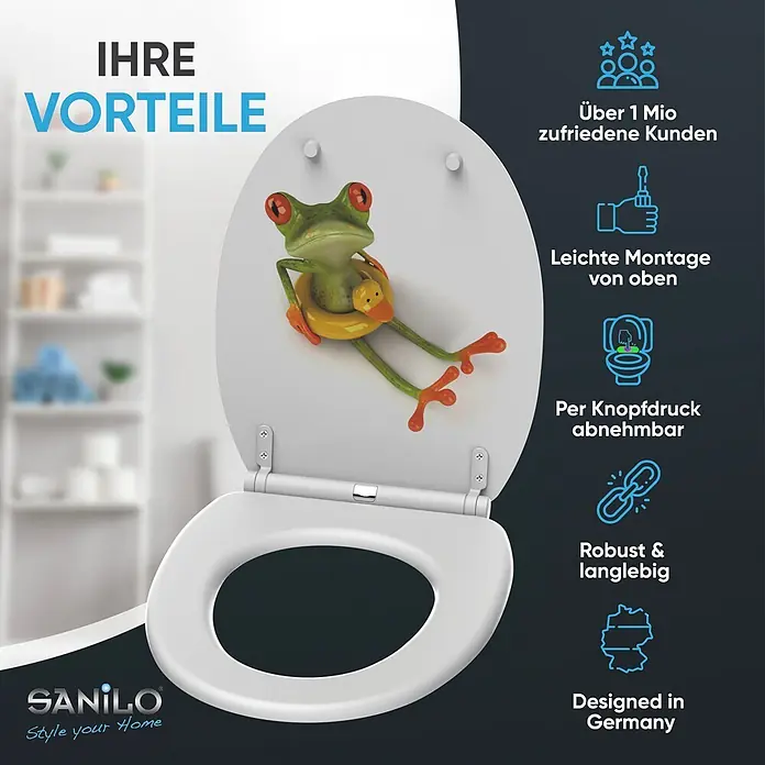 SANILO WC-Sitz Froggy mit Schnellverschluss - MDF, Grün, Mit Absenkautomatik - Weißer WC-Sitz mit Frosch-Motiv auf dem Deckel. Daneben sind die Produktvorteile, wie einfache Montage und Robustheit, aufgelistet.
