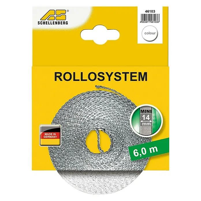 Schellenberg Cinta para persiana - Blanco, Largo: 6 m, Anchura de la correa: 14 mm - Cinta de persiana Schellenberg Mini, de 14 mm de ancho y 6,0 m de largo, para sistemas de persianas.