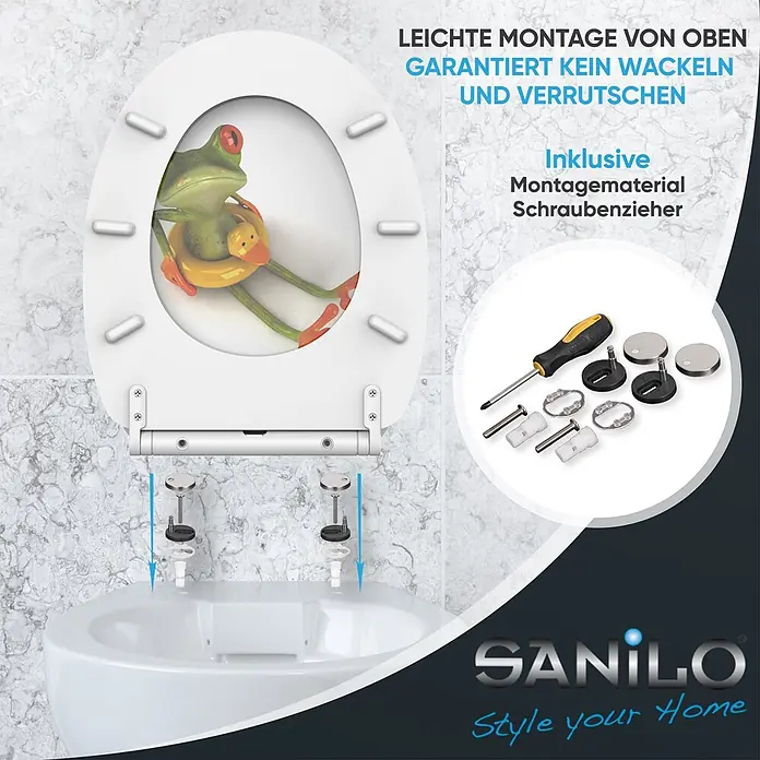 SANILO WC-Sitz Froggy mit Schnellverschluss - MDF, Grün, Mit Absenkautomatik - Weißer Toilettensitz mit einfacher Top-Montage für wackelfreien Halt. Inklusive Befestigungsmaterial und Schraubendreher.