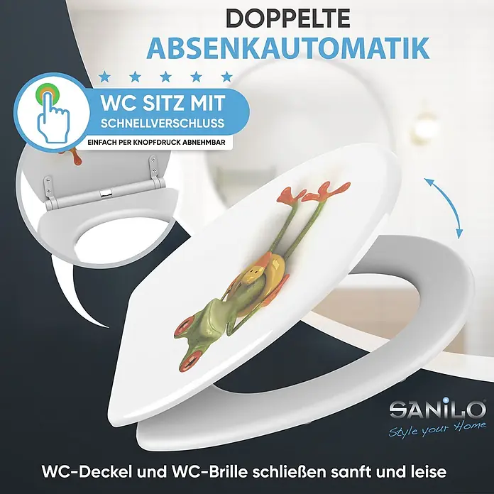 SANILO WC-Sitz Froggy mit Schnellverschluss - MDF, Grün, Mit Absenkautomatik - Weißer WC-Sitz mit Froschmotiv auf dem Deckel, mit doppelter Absenkautomatik und Schnellverschluss zum einfachen Abnehmen.