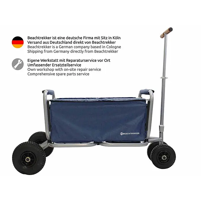 Beachtrekker Bollerwagen faltbarer Bollerwagen Life mit integrierter Feststellbremse Blau und PU-Rei - Kunststoff - Stabiler blauer Strandwagen mit Metallrahmen, großen schwarzen Rädern und ausziehbarem Griff.