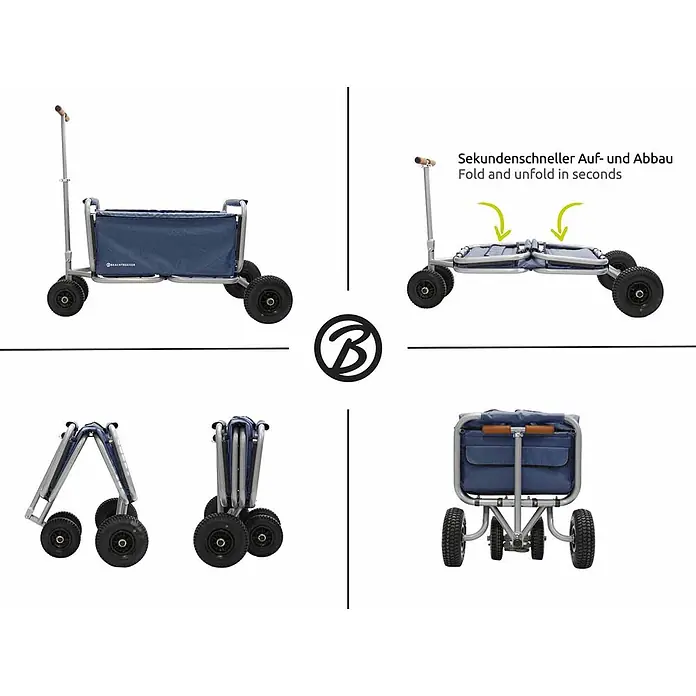 Beachtrekker Bollerwagen faltbarer Bollerwagen Life mit integrierter Feststellbremse Blau und PU-Rei - Kunststoff - Blauer Faltbollerwagen mit Metallrahmen und großen Rädern, im Aufbau- und Abbauzustand für kompakte Lagerung.