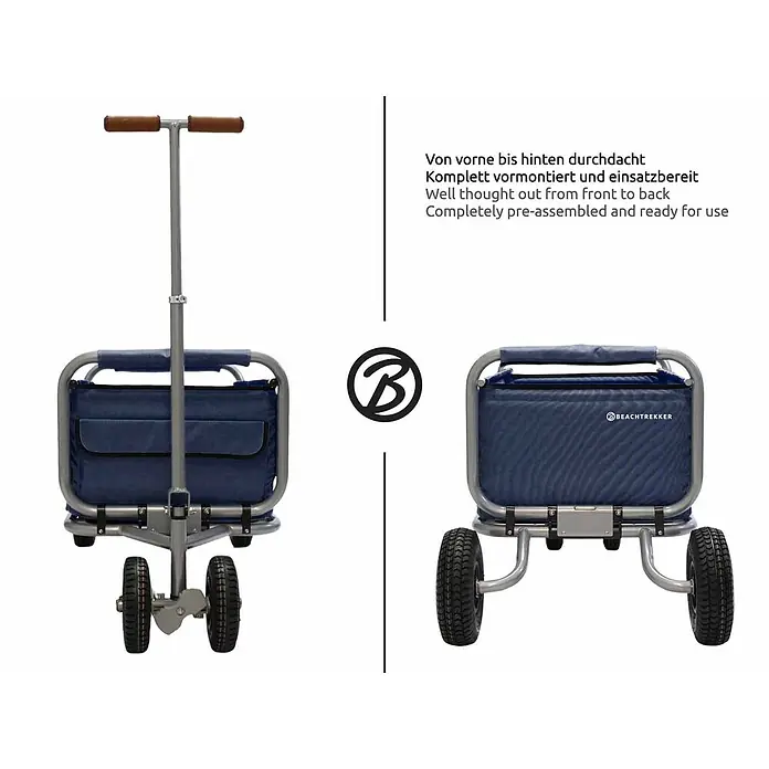 Beachtrekker Bollerwagen faltbarer Bollerwagen Life mit integrierter Feststellbremse Blau und PU-Rei - Kunststoff - Blauer Strandwagen mit silbernem Rahmen, robusten Rädern und braunem Griff. Er ist vormontiert und sofort einsatzbereit.