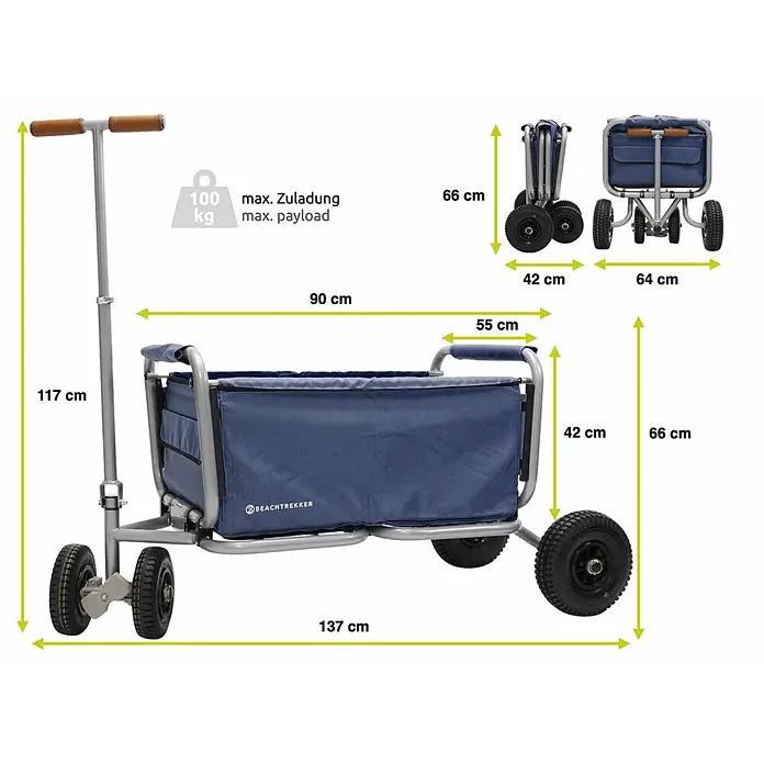 Beachtrekker Bollerwagen faltbarer Bollerwagen Life mit integrierter Feststellbremse Blau und PU-Rei - Kunststoff - Blauer klappbarer Bollerwagen mit grauem Gestell, großen Rädern, Maßen (137x117x90 cm offen, 64x66x42 cm gefaltet) und 100 kg max. Zuladung.