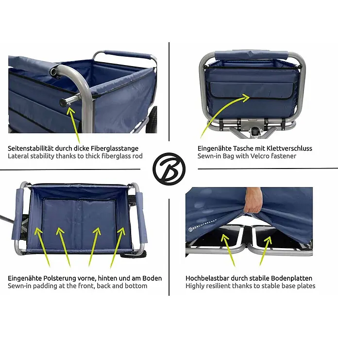 Beachtrekker Bollerwagen faltbarer Bollerwagen Life mit integrierter Feststellbremse Blau und PU-Rei - Kunststoff - Blauer Faltwagen mit stabilen Seiten, gepolstertem Innenraum, Klettverschluss-Tasche und robusten Bodenplatten.