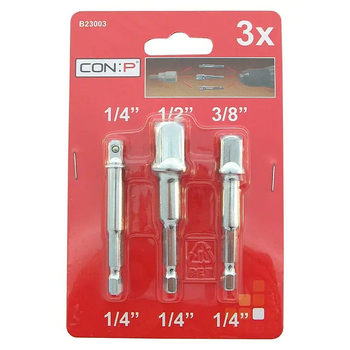 Connex Set de adaptadores de 1/4" - 3 pzs. - Un paquete rojo que contiene tres adaptadores CON:P en tamaños 1/4", 1/2" y 3/8" para taladros y destornilladores.