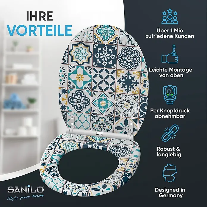 SANILO WC-Sitz Palazzo mit Schnellverschluss - MDF, Blau, Mit Absenkautomatik - Weißer Toilettensitz mit lebhaftem blau-gelb-weißem Mosaikmuster.