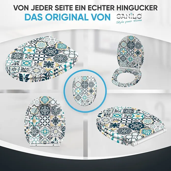 SANILO WC-Sitz Palazzo mit Schnellverschluss - MDF, Blau, Mit Absenkautomatik - Toilettensitz mit lebhaftem blauem, türkisfarbenem und gelbem Mosaikmuster.