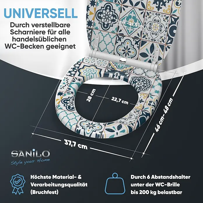 SANILO WC-Sitz Palazzo mit Schnellverschluss - MDF, Blau, Mit Absenkautomatik - Bunt gemusterter Toilettensitz mit verstellbaren Scharnieren für universelle Passform. Hohe Qualität, bruchfest, 200 kg Tragkraft.