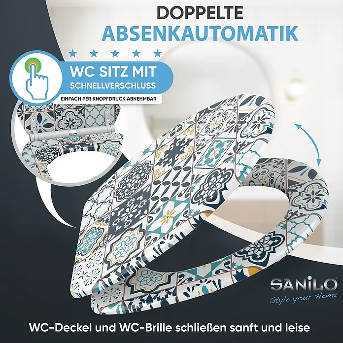 SANILO WC-Sitz Palazzo mit Schnellverschluss - MDF, Blau, Mit Absenkautomatik - Dekorativer Toilettensitz mit marokkanischem Fliesenmuster, doppelter Absenkautomatik und Schnellverschluss für sanftes Schließen und leichte Reinigung.