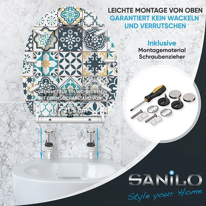 SANILO WC-Sitz Palazzo mit Schnellverschluss - MDF, Blau, Mit Absenkautomatik - Gemusterter Toilettensitz mit Oberbefestigung und Schraubenzieher. Geeignet für WCs mit 11-21,5 cm Lochabstand für einfache, stabile Montage.