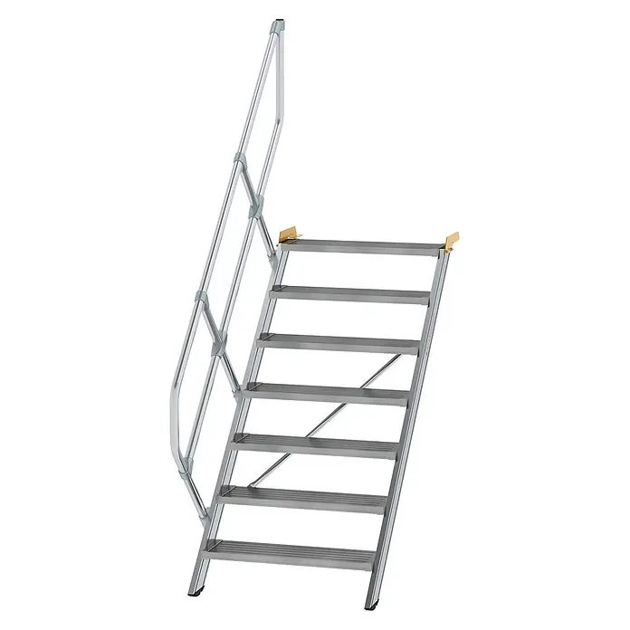 Munk Außentreppe Treppe 45° inkl. einen Handlauf, 800mm Stufenbreite, 7 Stufen -  - Silber-graue Aluminiumtreppe mit rutschfesten Stufen und Handlauf.