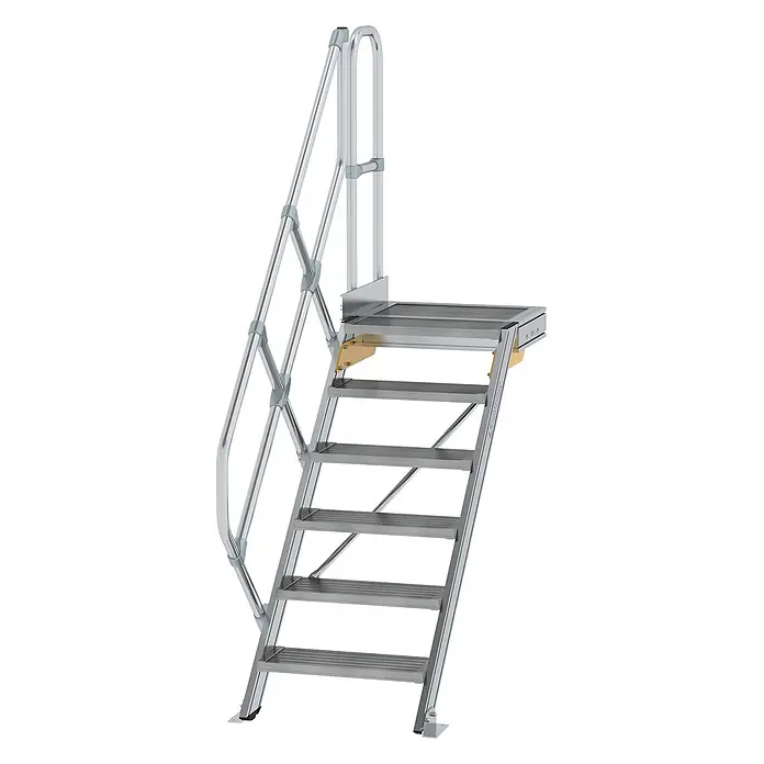 Munk Außentreppe Treppe mit Plattform 45° inkl. einen Handlauf, 600mm Stufenbreite, 6 Stufe - 117,6 cm - Silberne Aluminium-Zugangstreppe mit rutschfesten Stufen, stabiler Plattform und Handlauf.