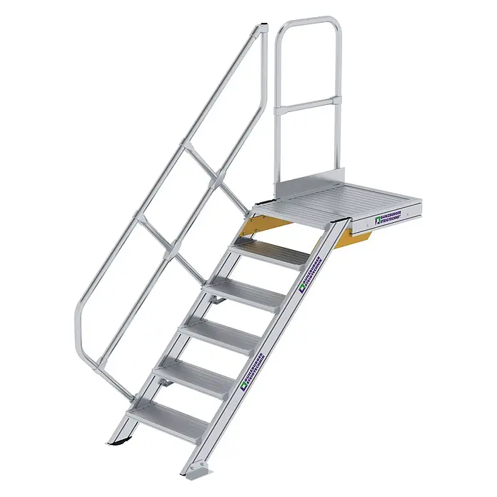 Munk Außentreppe Treppe mit Plattform 45° inkl. einen Handlauf, 600mm Stufenbreite, 6 Stufe - 117,6 cm - Silberfarbene Aluminium-Industrietreppe mit sechs Stufen, einer oberen Plattform und stabilen Geländern.
