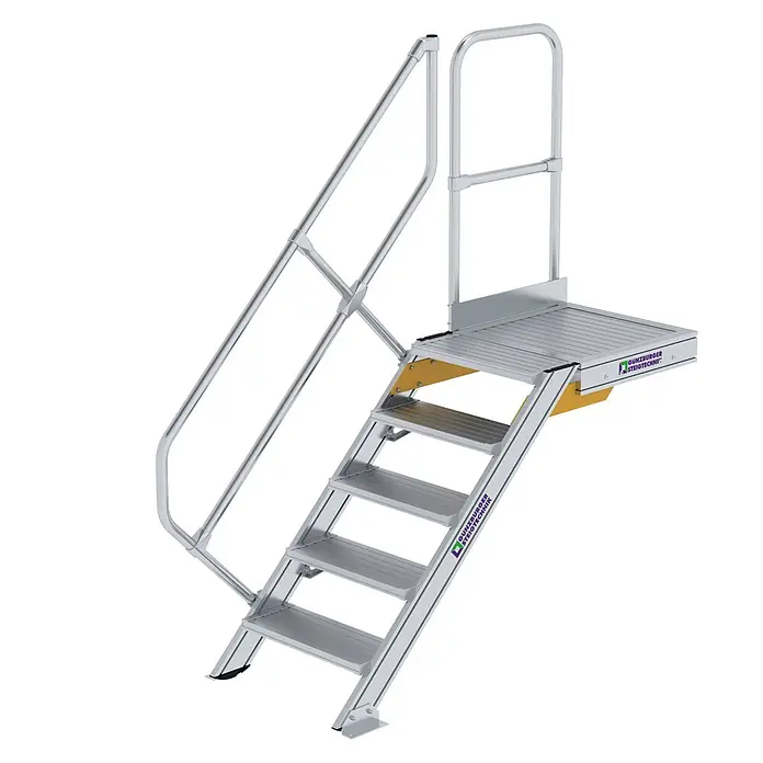Munk Außentreppe Treppe mit Plattform 45° inkl. einen Handlauf, 600mm Stufenbreite, 5 Stufe -  - Silber-graue Aluminium-Industrietreppe mit Podest und Geländern.
