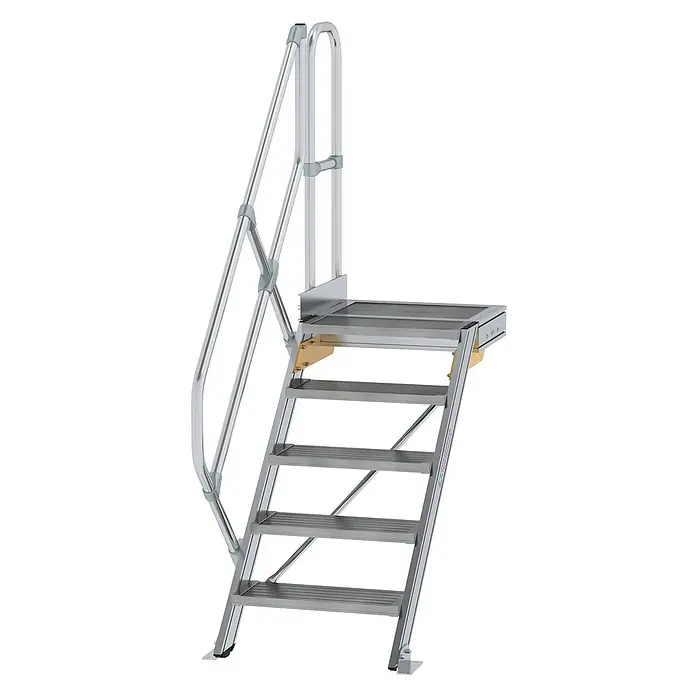 Munk Außentreppe Treppe mit Plattform 45° inkl. einen Handlauf, 600mm Stufenbreite, 5 Stufe -  - Modulare silberne Aluminiumtreppe mit Plattform und Handläufen für erhöhten Zugang.