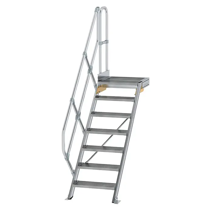 Munk Außentreppe Treppe mit Plattform 45° inkl. einen Handlauf, 600mm Stufenbreite, 7 Stufe - 117,6 cm - Modulare silbergraue Aluminiumtreppe mit Plattform und Handläufen für den Industrie- oder Außeneinsatz.