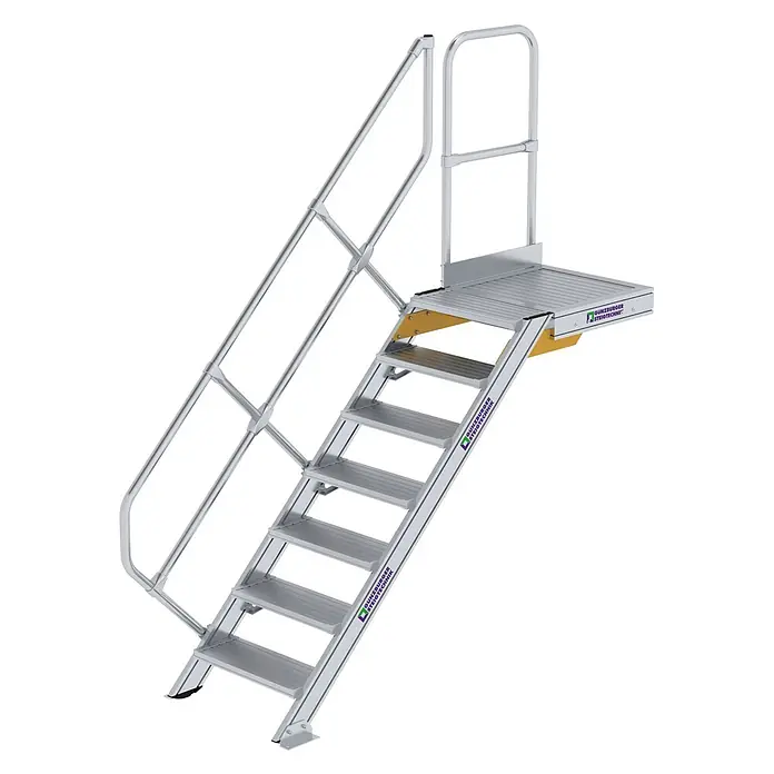 Munk Außentreppe Treppe mit Plattform 45° inkl. einen Handlauf, 600mm Stufenbreite, 7 Stufe - 117,6 cm - Industrielle Aluminium-Zugangstreppe mit Plattform und Geländern für sicheren erhöhten Zugang.